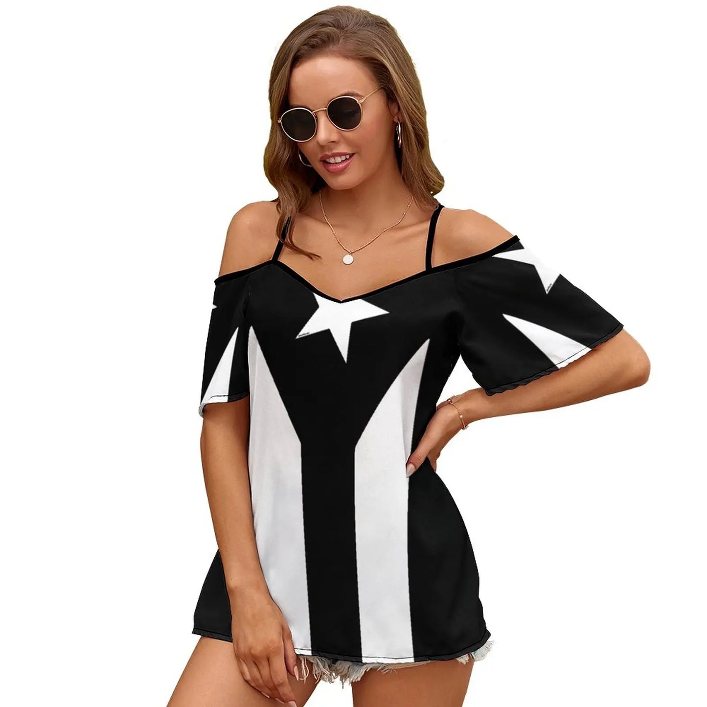 Puerto Rico Black & White Protest Flag 2356 Women Print T Shirt Casual Off Shoulder Loose Pullover Tops Fashion Clothes Puerto