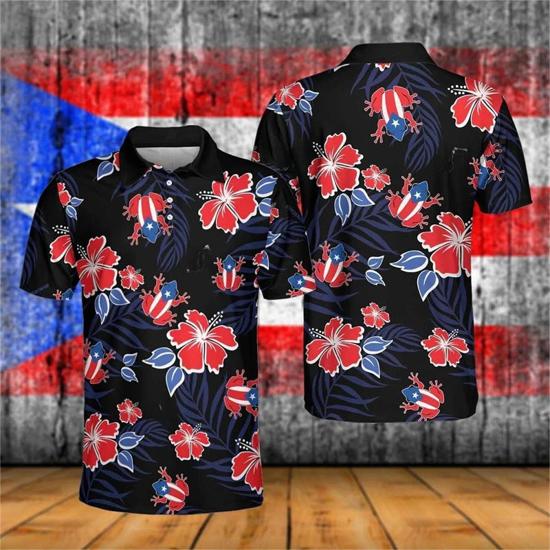 Puerto Rico Flag Map 3D Print Polo Shirts For Men Clothes Casual Hawaiian Flower Frog POLO Shirt Kids Jersey Jersey Short Sleeve