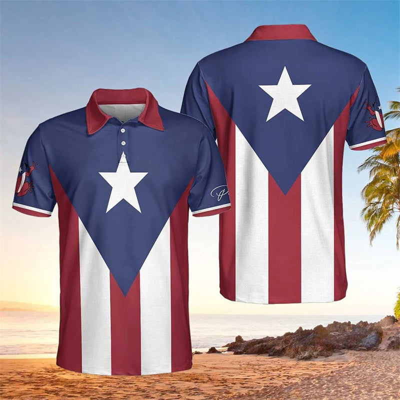Puerto Rico Flag Map 3D Print Polo Shirts For Men Clothes Casual Hawaiian Flower Frog POLO Shirt Kids Jersey Jersey Short Sleeve