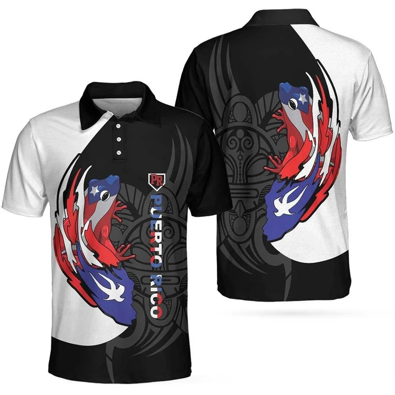 Puerto Rico Flag Map 3D Print Polo Shirts For Men Clothes Casual Hawaiian Flower Frog POLO Shirt Kids Jersey Jersey Short Sleeve