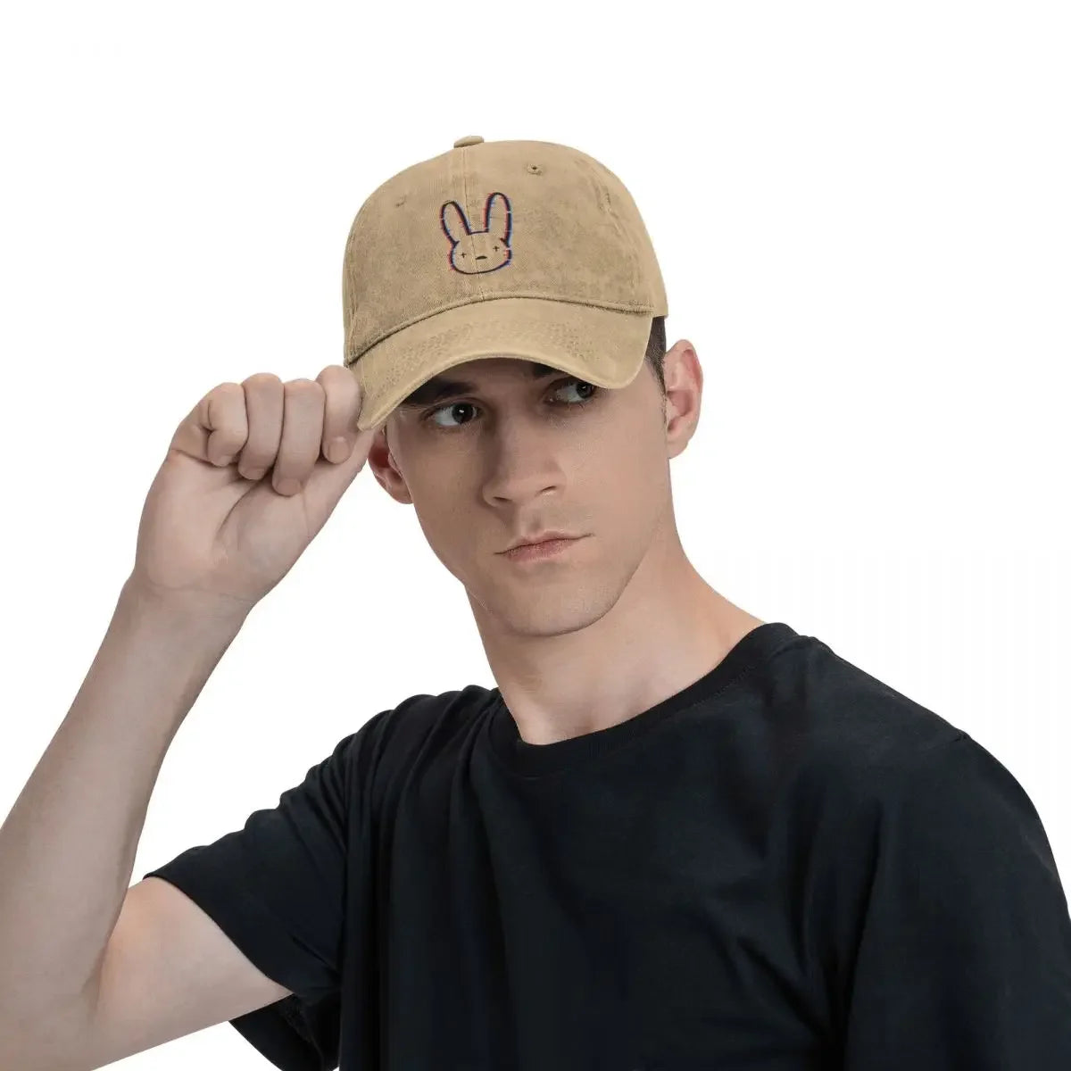 Bad Bunny Washed Baseball Cap Logo Glitch Retro Trucker Hat Unisex Gym Custom All Seasons Travel Adjustable Baseball Caps