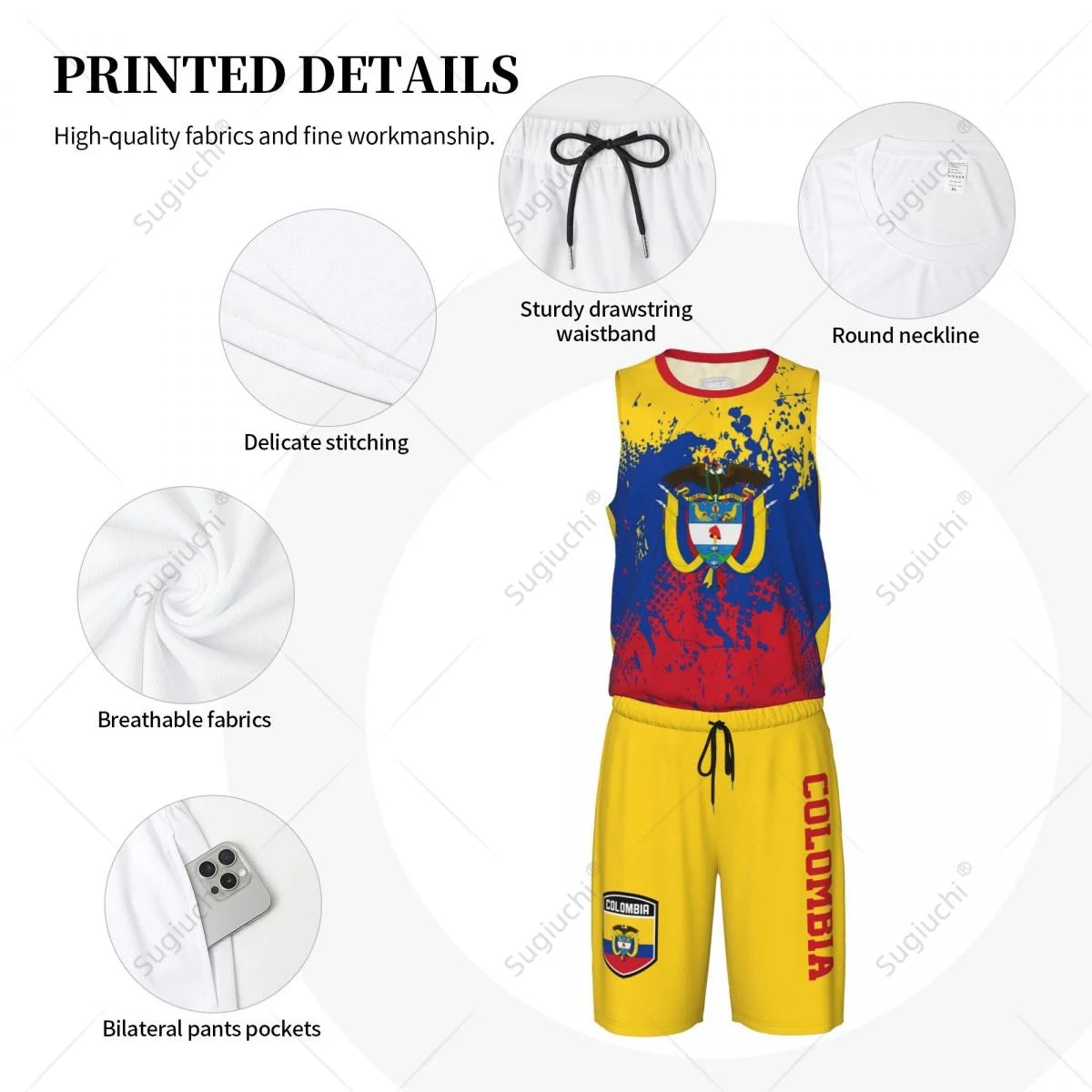 Team-up Colombia Flag Grain Men Basketball Jersey Set Shirt & Pants Sleeveless Custom Name Nunber Exclusive