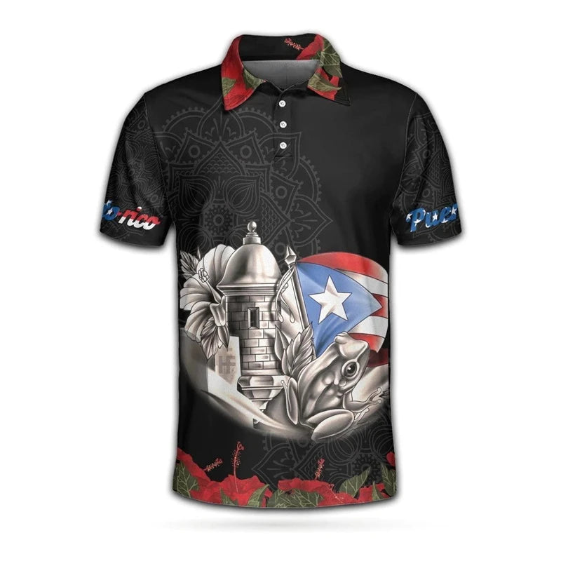 Puerto Rico Flag Map 3D Print Polo Shirts For Men Clothes Casual Hawaiian Flower Frog POLO Shirt Kids Jersey Jersey Short Sleeve