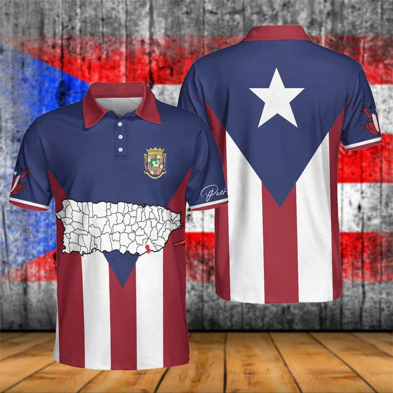 Puerto Rico Flag Map 3D Print Polo Shirts For Men Clothes Casual Hawaiian Flower Frog POLO Shirt Kids Jersey Jersey Short Sleeve