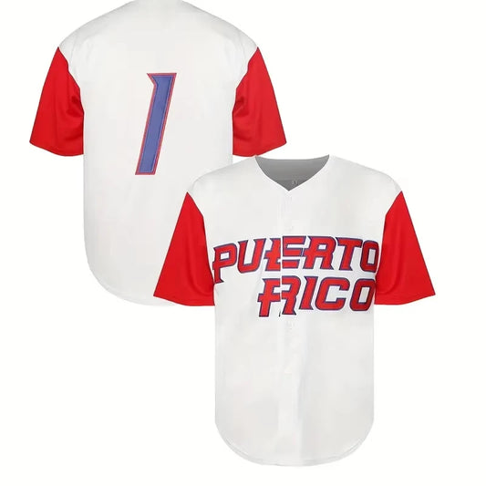 Wholesale Men's Puerto Rico Baseball Shirt - Embroidered Number 1 and Name Baseball Jersey